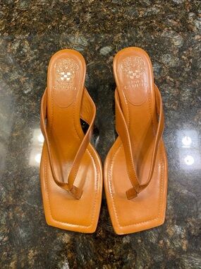 Vince Camuto Cognac Leather Square-Toe Thong Sandals